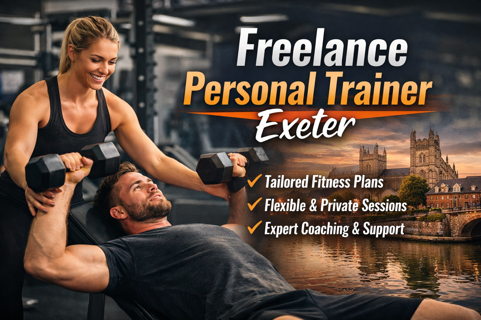 Freelance personal trainer in Exeter helping client with strength training in a private gym